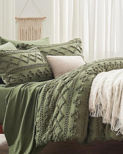 Anluoer King Comforter Set 7 Pieces, Olive Green Tufted Bed in a Bag with comforters and sheets, All Season Bedding Sets with 1 Comforter, 2 PillowShams, 2 Pillowcases, 1 Flat Sheet, 1 Fitted Sheet - LeafyLoom