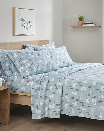 Comfort Spaces Cotton Flannel Breathable Warm, Deep Pocket Sheets with Pillow Case Bedding, King, Blue Polar Bears 4 Piece - LeafyLoom