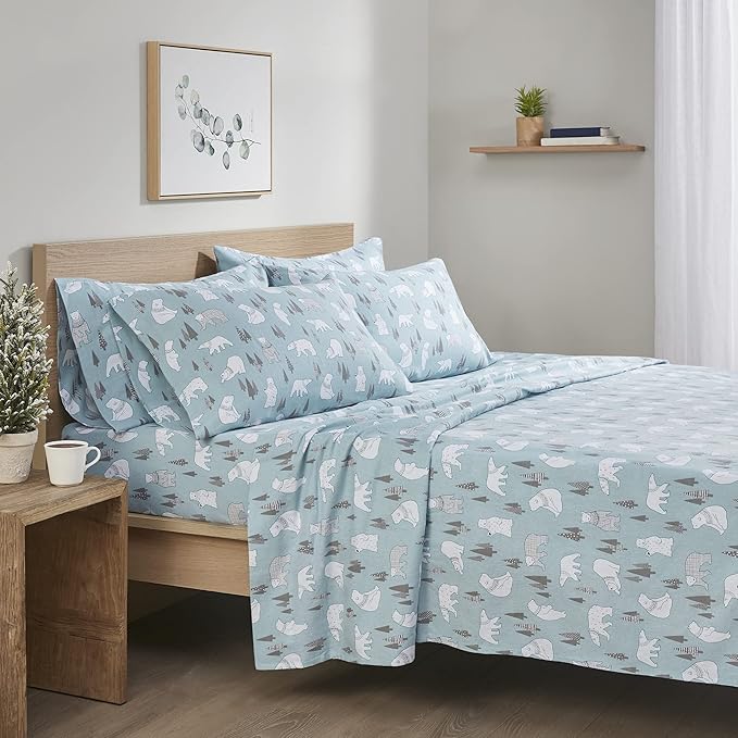 Comfort Spaces Cotton Flannel Breathable Warm, Deep Pocket Sheets with Pillow Case Bedding, King, Blue Polar Bears 4 Piece - LeafyLoom