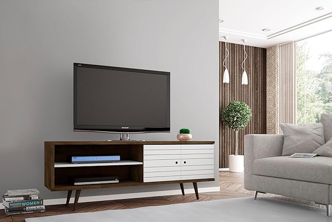 Manhattan Comfort Liberty Mid Century Modern TV Stand for Televisions up to 60 Inches, Bedroom and Living Room Entertainment Center with Storage, Shelves, and Cabinet, 63" Wide, Rustic Brown/White - LeafyLoom