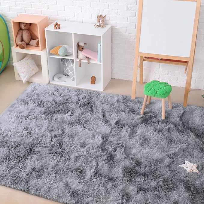 AROGAN Soft Rainbow Area Rugs for Girls Room 5x8 Feet, Fluffy Girls Bedroom Rugs, Princess Rug, Cute Colorful Carpet for Kids Teens Nursery Toddler, Grey - LeafyLoom