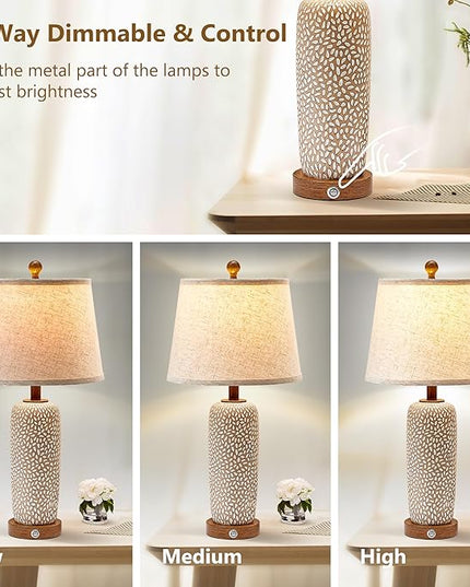 Touch Lamps for Bedrooms Set of 2, 26'' Farmhouse Table Lamps for Living Room Boho Bedside Lamp with Dual USB Charging Ports, 3-Way Dimmable Coastal Nightstand Lamp with White Fabric (Bulb Included) - LeafyLoom