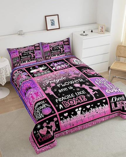 Cheerleading Comforter Set Cheer Gifts,Cheerleader Loves Bedding Set for Kids Girls Teens Adult,Cheer Pink (no real) Sequins Quilt Set Full Geometric Plaid Patchwork Duvet Insert with 2 Pillowcases - LeafyLoom