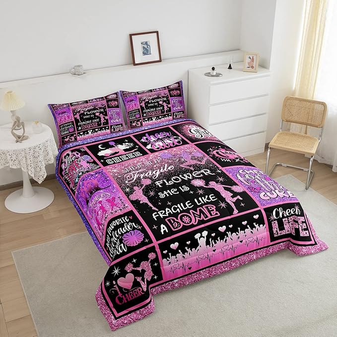 Cheerleading Comforter Set Cheer Gifts,Cheerleader Loves Bedding Set for Kids Girls Teens Adult,Cheer Pink (no real) Sequins Quilt Set Twin Geometric Plaid Patchwork Duvet Insert with 1 Pillowcase - LeafyLoom