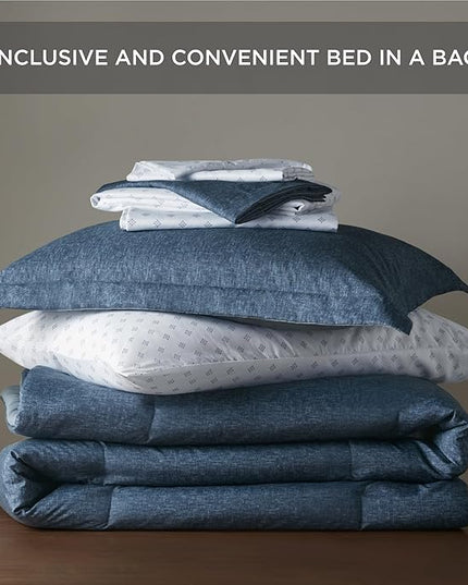 Chambray Queen Comforter Set - Blue Denim Queen Size Bedding Sets, 7 Pieces Soft Bedding for All Seasons with Comforter, Sheets, Pillowcases & Shams - LeafyLoom