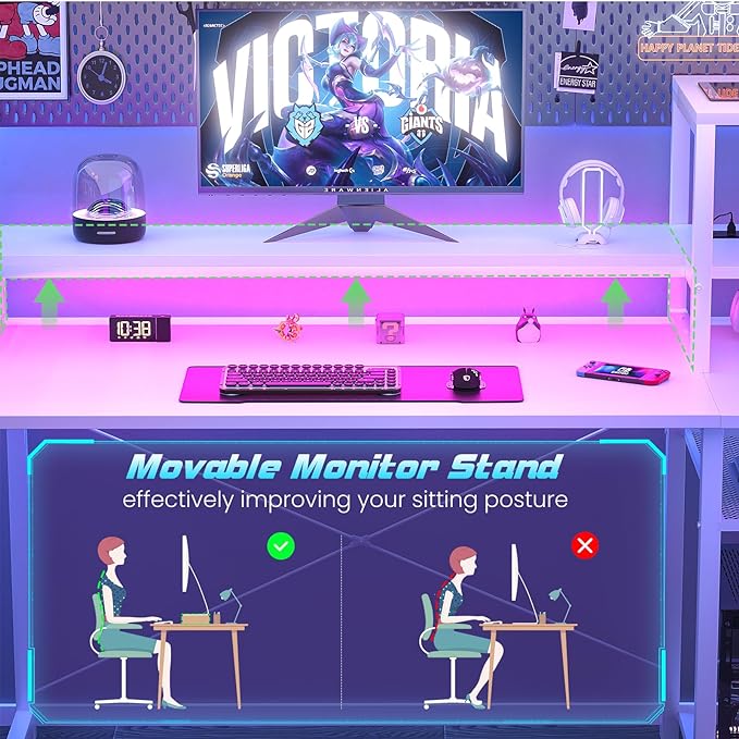 Gaming Desk with Lights & Power Outlets, 47.2' Computer Desk with Shelves, Small Desk for Small Space, Writing Desk with Monitor Stand, White - LeafyLoom