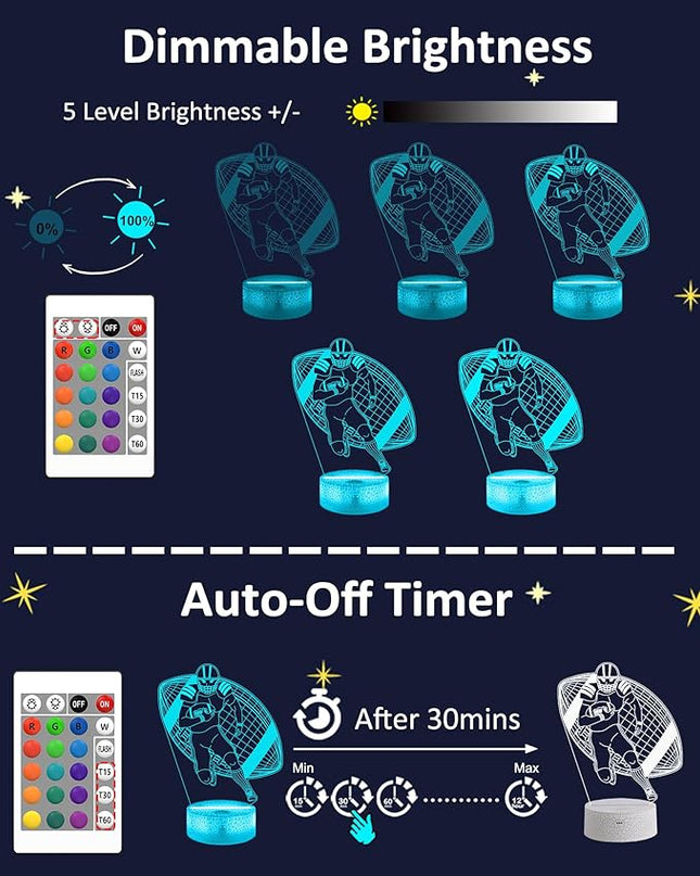 Attivolife Football Player Night Light for Kids, 3D Rugby Illusion LED Lamp, 16 Colors Changing with Remote Control & Touch, Best Room Decor Birthday Gifts for Outsports Lover Boys Teens Child - LeafyLoom
