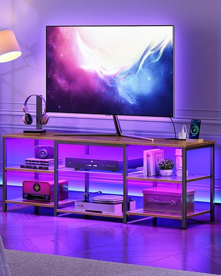 HOOBRO LED TV Stand for 65 Inch TVs with Charging Station, Gaming Entertainment Center with Open Storage, Media TV Console Table, TV Stand for Living Room, Bedroom, Rustic Brown and Black BF20UDDS01 - LeafyLoom