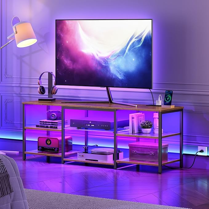 HOOBRO LED TV Stand for 65 Inch TVs with Charging Station, Gaming Entertainment Center with Open Storage, Media TV Console Table, TV Stand for Living Room, Bedroom, Rustic Brown and Black BF20UDDS01 - LeafyLoom