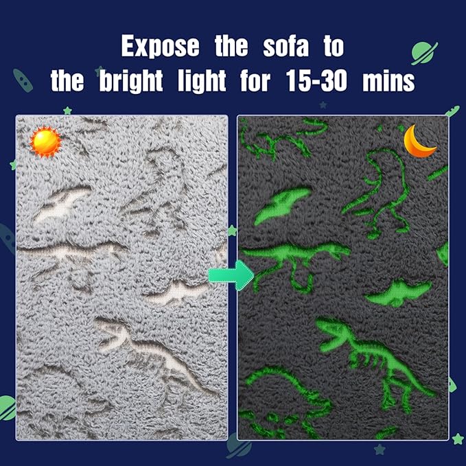 ALIMORDEN Kids Ultra-Soft Snuggle Foam Filled Chair, Glow-in-The-Dark Dinosaurs Fossil Pattern Toddler Cuddly Sherpa Reading Couch for Boys and Girls - LeafyLoom