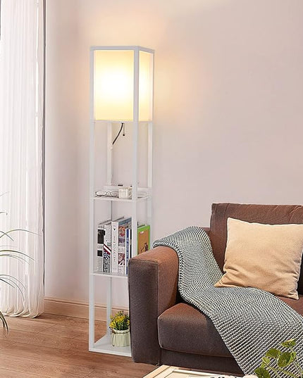 SHINE HAI LED Shelf Floor Lamp, Modern Standing Lamp with 1 USB Port and 1 Type C Port and 1 Power Outlet, 3-Tiered Display Floor Lamps with Shelves for Living Room, Bedroom, Office - White - LeafyLoom