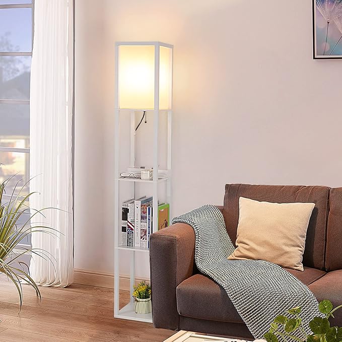 SHINE HAI LED Shelf Floor Lamp, Modern Standing Lamp with 1 USB Port and 1 Type C Port and 1 Power Outlet, 3-Tiered Display Floor Lamps with Shelves for Living Room, Bedroom, Office - White - LeafyLoom