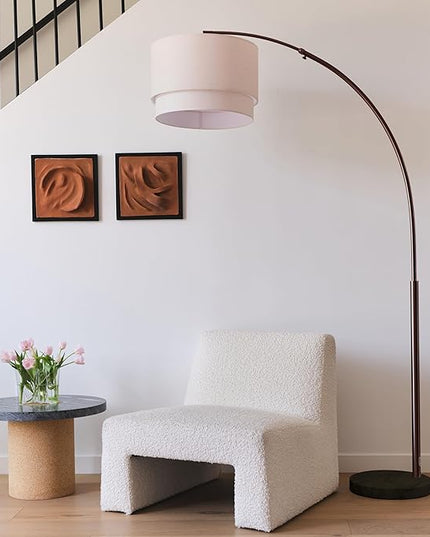 Brightech Mason Arc Floor Lamp - Modern Corner Standing Lamp with Unique Hanging Drum Lamp Shade for Living Room - Bright Overhead, Curved Hanging Light for Bedroom. Library, Den - Bronze - LeafyLoom