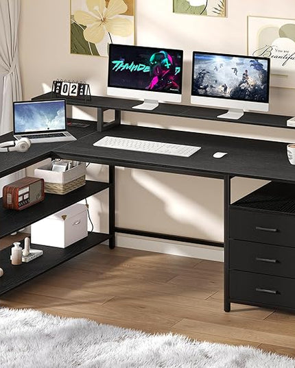 L Shaped Desk with 3 Drawer & 3 Open Shelf, Computer Desk with LED Lights & Power Outlets, Home Office Desk with Reversible Storage Shelves & Monitor Stand, Corner Desk for Small Space - LeafyLoom