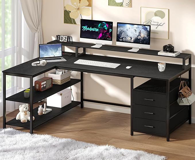 L Shaped Desk with 3 Drawer & 3 Open Shelf, Computer Desk with LED Lights & Power Outlets, Home Office Desk with Reversible Storage Shelves & Monitor Stand, Corner Desk for Small Space - LeafyLoom