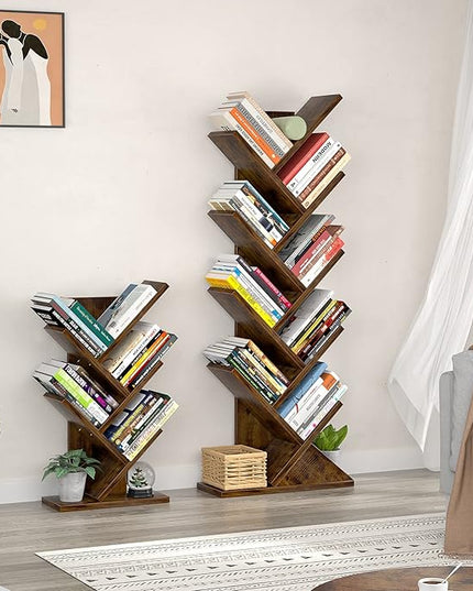 Topfurny Tree Bookshelf, 9-Tier Shelf Rustic Brown Bookcase, Retro Wood Storage Rack for CDs/Movies/Books, Anti-Fall Utility Organizer Shelves for Living Room, Bedroom, Home Office, Rustic - LeafyLoom