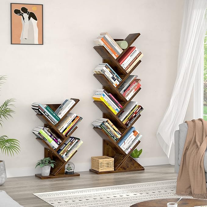 Topfurny Tree Bookshelf, 9-Tier Shelf Rustic Brown Bookcase, Retro Wood Storage Rack for CDs/Movies/Books, Anti-Fall Utility Organizer Shelves for Living Room, Bedroom, Home Office, Rustic - LeafyLoom