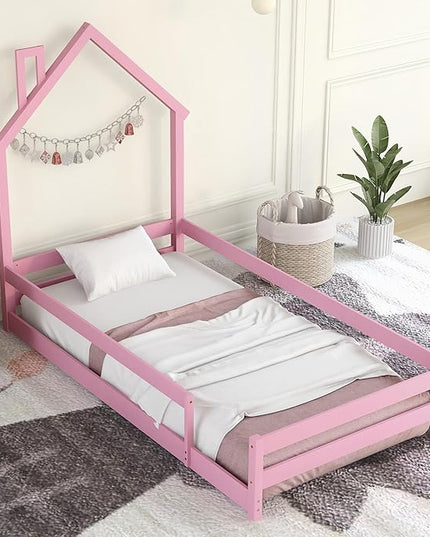 Bellemave Twin Size House-Shaped Headboard Floor Bed with Fences, Wooden Montessori Bed for Kids,House Bed Twin Frame for Girls,Boys (Pink) - LeafyLoom