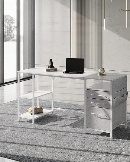 Ｍａｉｈａｉｌ Home Office Desk with Drawers and Adjustable Shelves, 59 inch Long Writing Desk with File Cabinet, Large Computer Desk with Storage, Vintage, White - LeafyLoom
