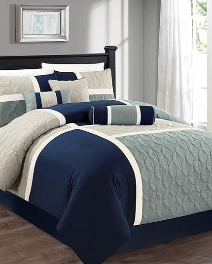 Chezmoi Collection Upland 7-Piece Quilted Patchwork Comforter Set, Navy/Blue/Gray, California King - LeafyLoom
