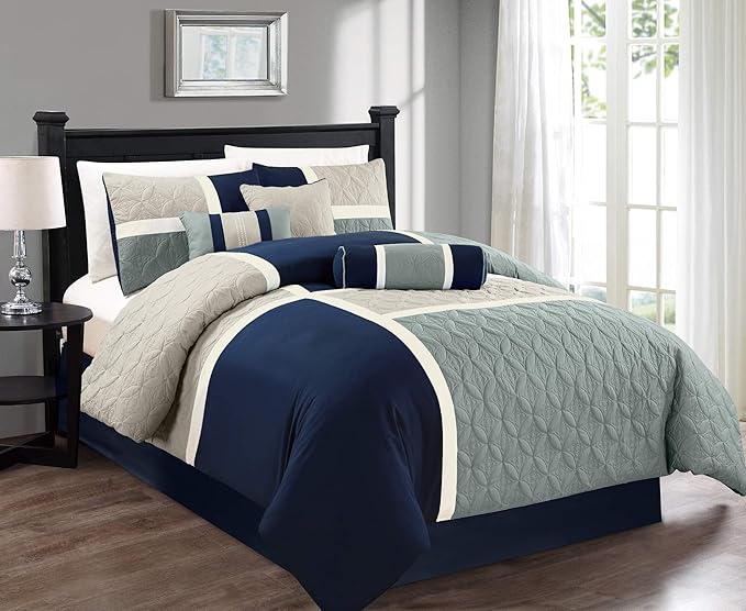 Chezmoi Collection Upland 7-Piece Quilted Patchwork Comforter Set, Navy/Blue/Gray, California King - LeafyLoom
