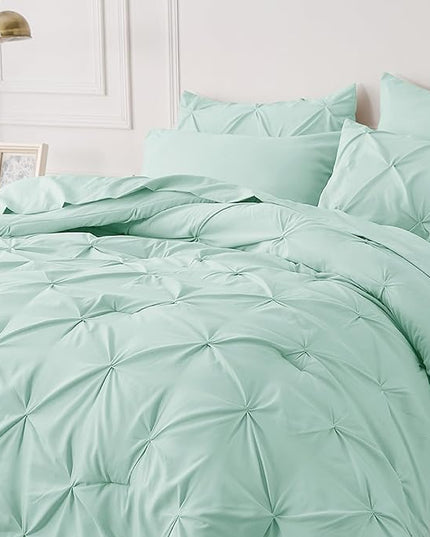 Bedsure Twin XL Comforter Set - Extra Long 5 Pieces Dorm Room Essentials, Pinch Pleat Mint Green Bed in a Bag with Comforter, Sheets, Pillowcase & Sham, Kids Bedding Set - LeafyLoom