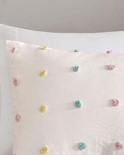 Callie Cotton Jacquard Weave Colorful Pom Pom Kids Comforter sets, Down Alternative Shabby Chic All Season Girls Bedding, Bedroom Decor, Full/Queen, Multi 5 Piece - LeafyLoom