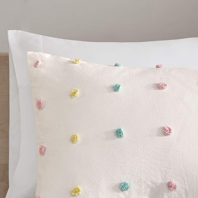 Callie Cotton Jacquard Weave Colorful Pom Pom Kids Comforter sets, Down Alternative Shabby Chic All Season Girls Bedding, Bedroom Decor, Twin/Twin XL, Multi 4 Piece - LeafyLoom
