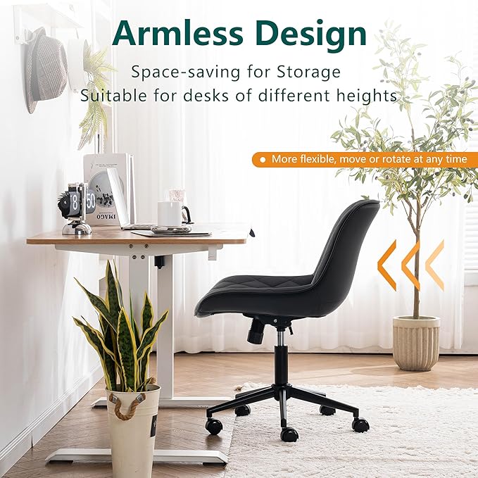 YOUNUOKE Comfortable Desk Chair, Home Office Chairs with Wheels, Armless Samll Comfy Vanity Chairs, PU Leather Computer Task Work Desk Chairs, Black - LeafyLoom