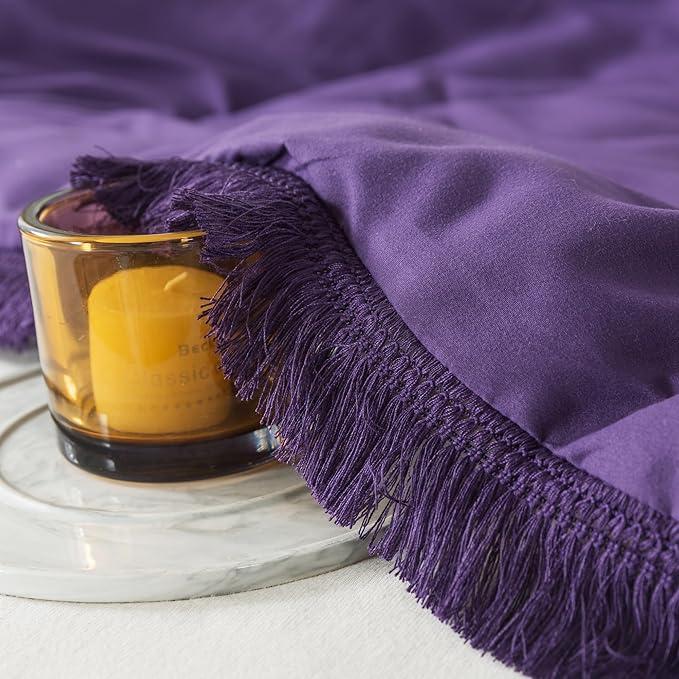 Andency Purple Comforter Set Full, 3 Pieces Boho Tassel Lightweight Bedding Comforter Sets, All Season Soft Fluffy Fringe Bed Set (79x90In Comforter & 2 Pillowcases) - LeafyLoom