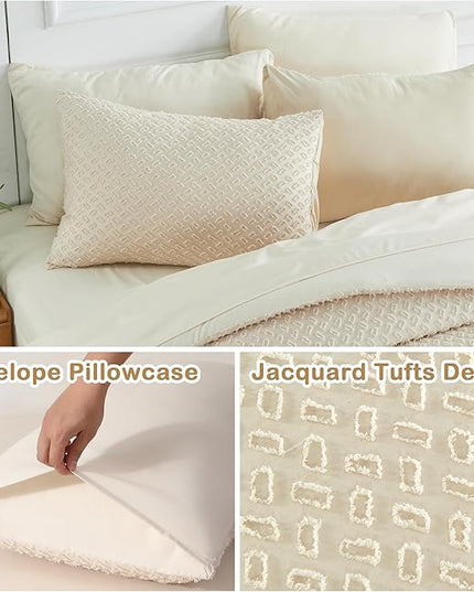 Twin Size Tufted Kids Comforter Set 6 Piece Beige Jacquard Tufts Embroidery Bedding Set for Boys Girls Bed in A Bag Quilt with 1 Comforter, 1 Flat Sheet, 1 Fitted Sheet, 1 Pillowcase and 2 Pillow Sham - LeafyLoom