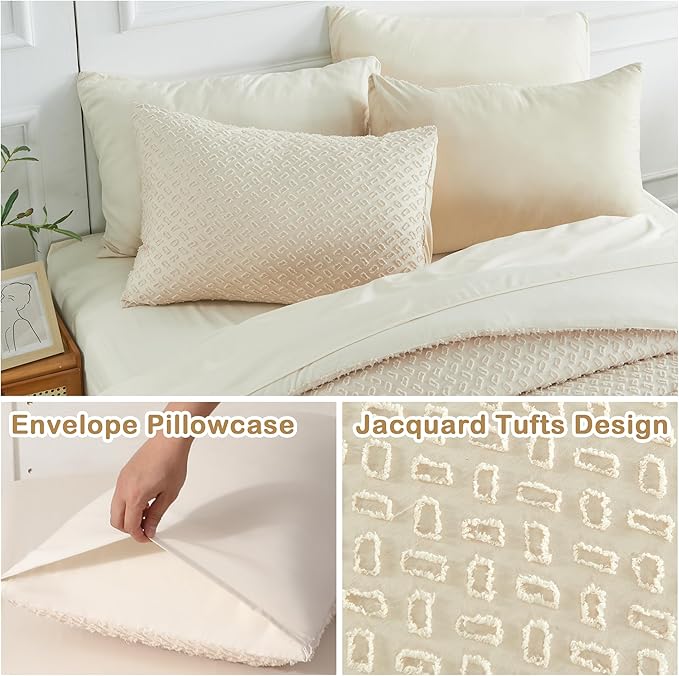 Twin Size Tufted Kids Comforter Set 6 Piece Beige Jacquard Tufts Embroidery Bedding Set for Boys Girls Bed in A Bag Quilt with 1 Comforter, 1 Flat Sheet, 1 Fitted Sheet, 1 Pillowcase and 2 Pillow Sham - LeafyLoom
