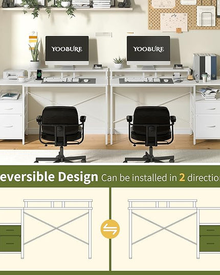 Yoobure Computer Desk, Office Desk with LED Lights & Power Outlets, Gaming Desk with Fabric File Cabinet, 55.1" Home Office Desks， Writing Desk with Drawers, Computer Table with Long Monitor Stand - LeafyLoom
