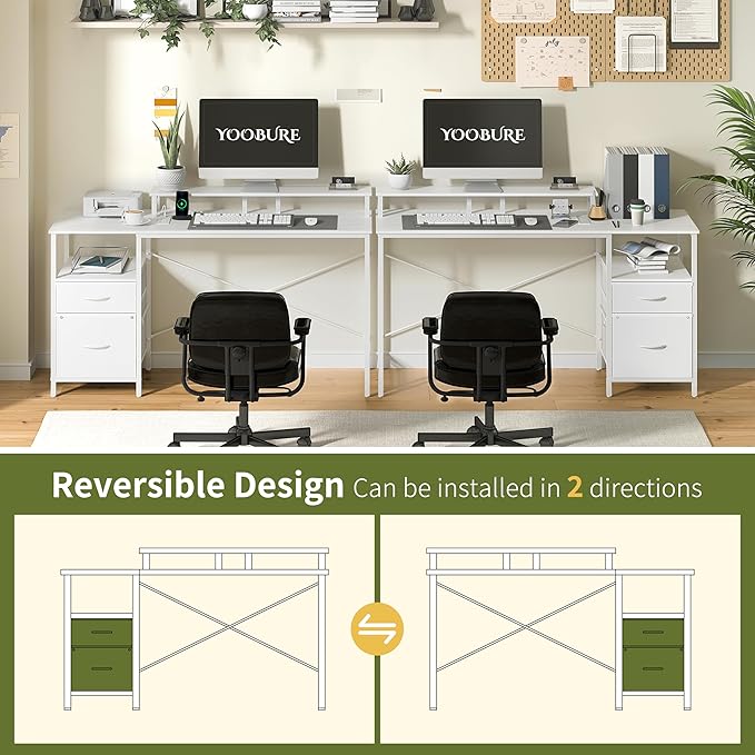 Yoobure Computer Desk, Office Desk with LED Lights & Power Outlets, Gaming Desk with Fabric File Cabinet, 55.1" Home Office Desks, Writing Desk with Drawers, Computer Table with Long Monitor Stand - LeafyLoom