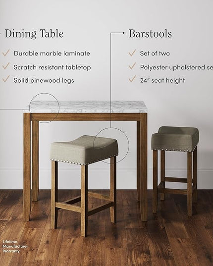 Nathan James Viktor 3 Piece Set, Heigh Kitchen Counter Pub Dining or Breakfast Table with Marble Top and Fabric Wood Base Seat, Beige/Light Brown - LeafyLoom