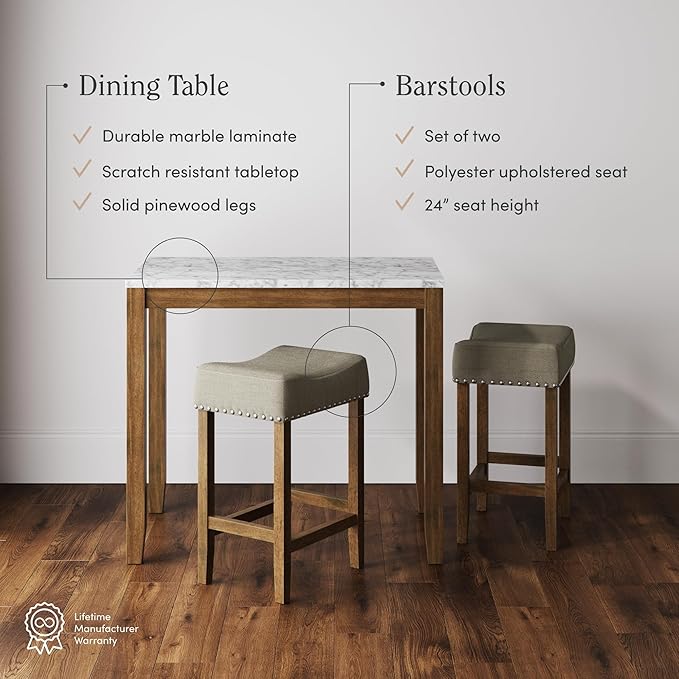 Nathan James Viktor 3 Piece Set, Heigh Kitchen Counter Pub Dining or Breakfast Table with Marble Top and Fabric Wood Base Seat, Beige/Light Brown - LeafyLoom