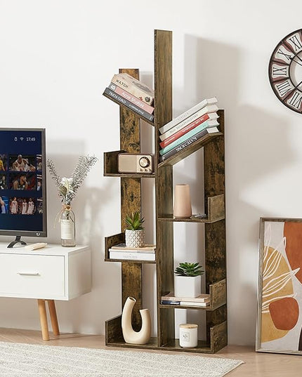 VECELO 8 Shelf Tree Bookcase,Wooden Tree Bookshelf Display with 8 Storage Shelves,Tree-Shaped Shelf Racks Organizer for Books,Magazines,CDs Decors for LivingRoom Bedroom Home Office,Rustic Brown - LeafyLoom