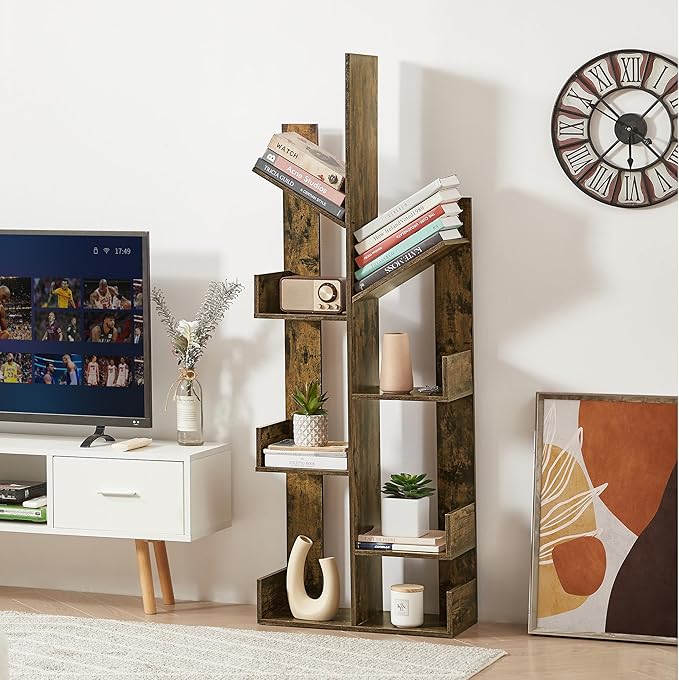 VECELO 8 Shelf Tree Bookcase,Wooden Tree Bookshelf Display with 8 Storage Shelves,Tree-Shaped Shelf Racks Organizer for Books,Magazines,CDs Decors for LivingRoom Bedroom Home Office,Rustic Brown - LeafyLoom