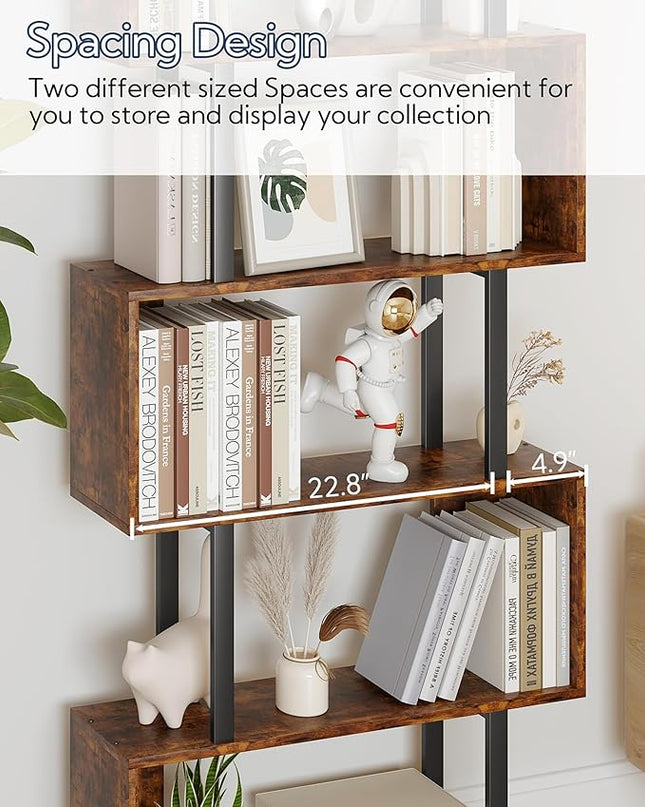 Yusong Geometric Bookcase, S Shaped Bookshelf 6-Tier Book Shelves for Bedroom, Modern Wood Decorative Display Shelf Tall Book Case for Home Office, Bown and Black - LeafyLoom