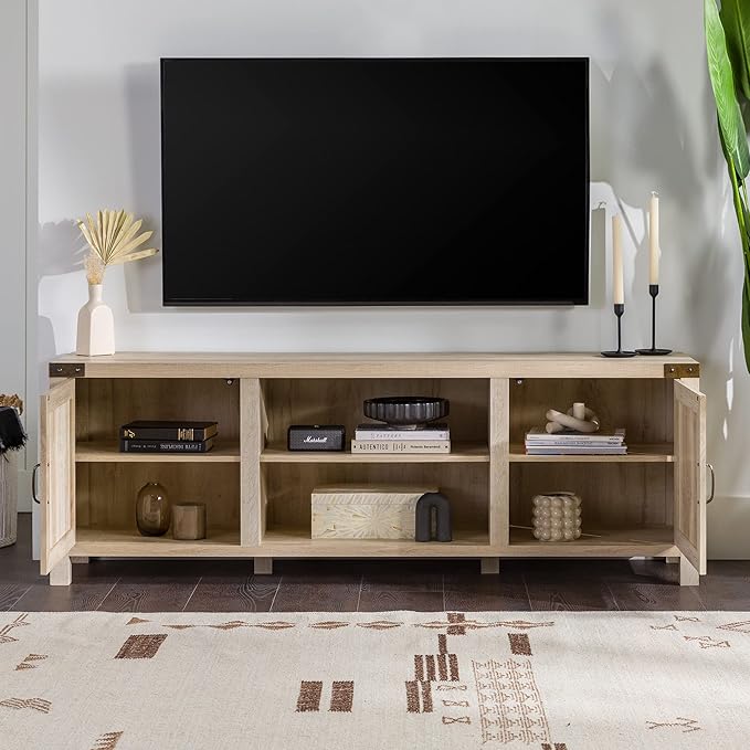 Walker Edison Georgetown Modern Farmhouse Double Barn Door TV Stand for TVs up to 80 Inches, 70 Inch, White Oak, Without Fireplace - LeafyLoom