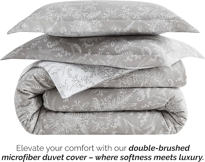 Southshore Fine Living, Inc. Full/Queen Comforter Set, Hotel Quality Floral Comforter with Matching Shams, Reversible Print is 2 Colors in 1, Fits Queen & Full Beds, Winter Brush Grey/White - LeafyLoom