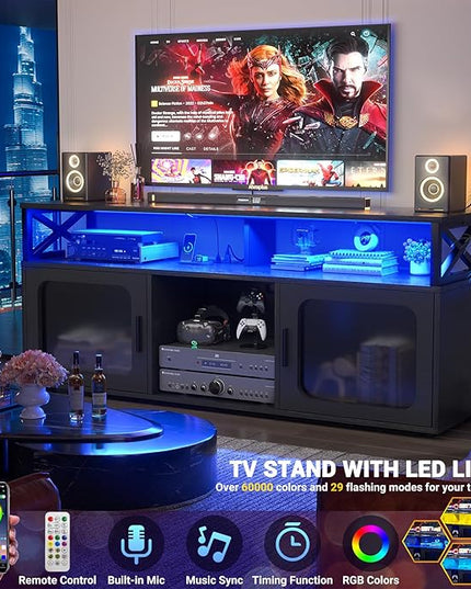 Aheaplus TV Stand for 55 60 Inch TV, Entertainment Center with LED Light & Charging Station, TV Console Table, Large Media Console Cabinet w/Soundbar Shelf, Cord Holes, for Living Room, Bedroom, Black - LeafyLoom