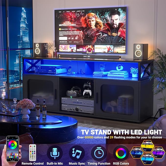 Aheaplus TV Stand for 55 60 Inch TV, Entertainment Center with LED Light & Charging Station, TV Console Table, Large Media Console Cabinet w/Soundbar Shelf, Cord Holes, for Living Room, Bedroom, Black - LeafyLoom