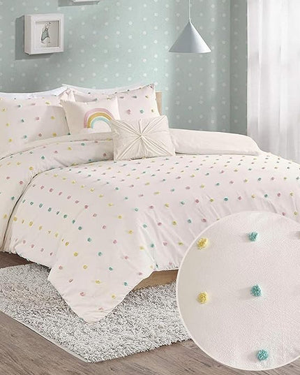 Callie Cotton Jacquard Weave Colorful Pom Pom Kids Comforter sets, Down Alternative Shabby Chic All Season Girls Bedding, Bedroom Decor, Twin/Twin XL, Multi 4 Piece - LeafyLoom
