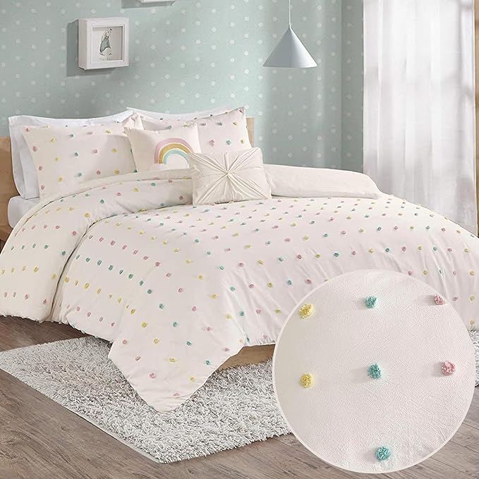 Callie Cotton Jacquard Weave Colorful Pom Pom Kids Comforter sets, Down Alternative Shabby Chic All Season Girls Bedding, Bedroom Decor, Twin/Twin XL, Multi 4 Piece - LeafyLoom