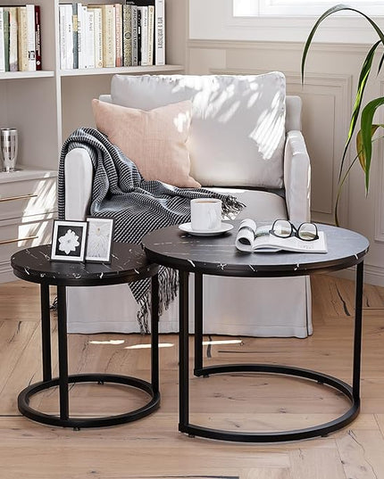 Black Nesting Coffee Table Set of 2, 23.6" Round Coffee Table Wood Grain Top with Adjustable Non-Slip Feet, Industrial End Table Side Tables for Living Room Bedroom Balcony Yard - LeafyLoom