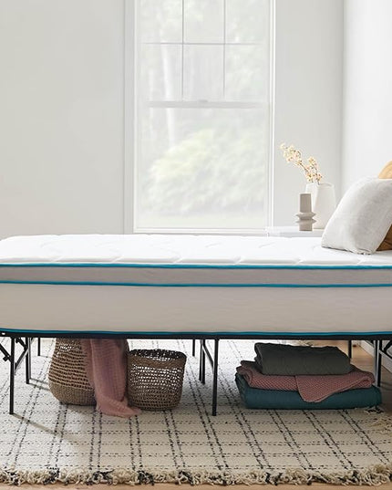 Linenspa 12” Memory Foam and Innerspring Hybrid Mattress + 14” Black Metal Platform Bedframe – Full Mattress + Metal Folding Full Bedframe - LeafyLoom
