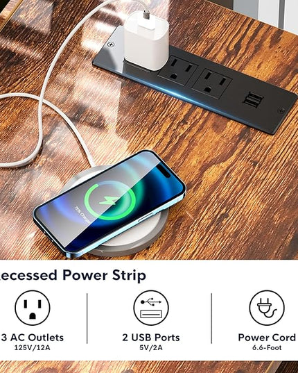 L-Shaped Home Office Desk with 2 Drawer Office Computer Desk with Monitor Stand Power Outlets and LED Lights Reversible Corner Gaming Desk 61 Inch Rustic Brown - LeafyLoom