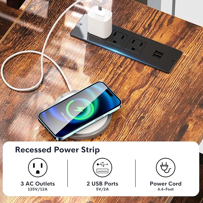 L-Shaped Home Office Desk with 2 Drawer Office Computer Desk with Monitor Stand Power Outlets and LED Lights Reversible Corner Gaming Desk 61 Inch Rustic Brown - LeafyLoom