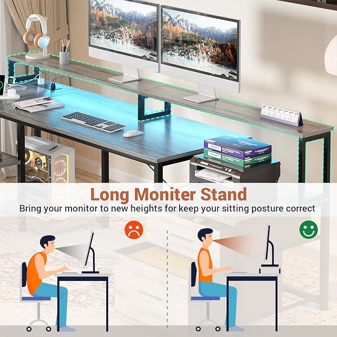 Aheaplus L Shaped Desk with File Drawer, 66" Reversible L Shaped Computer Desk with Power Outlet & LED Strip, Gaming Desk with Monitor Stand, Office Desk Corner Desk with Storage Shelf, White Oak - LeafyLoom